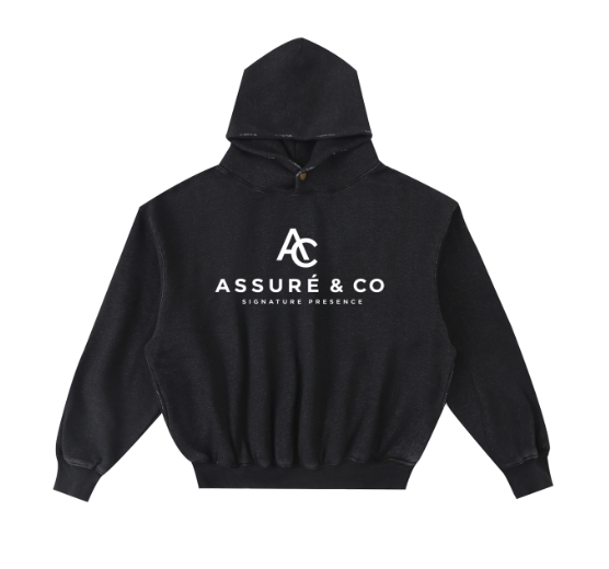 ASSURÉ & CO Men's Signature Button Frayed Edge Vintage Washed Fleece Hoodie