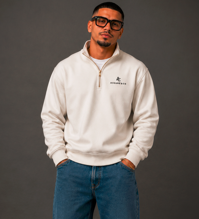 ASSURÉ & CO Men's Organic Embroidery Signature French Terry Heavyweight Quarter Zip